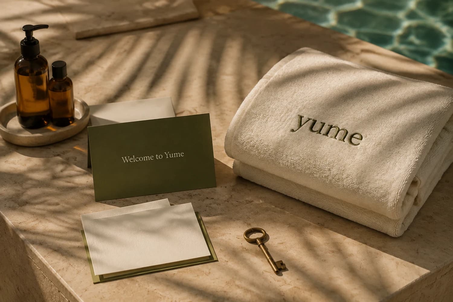 Yume branded guest amenities and embroidered linen concept