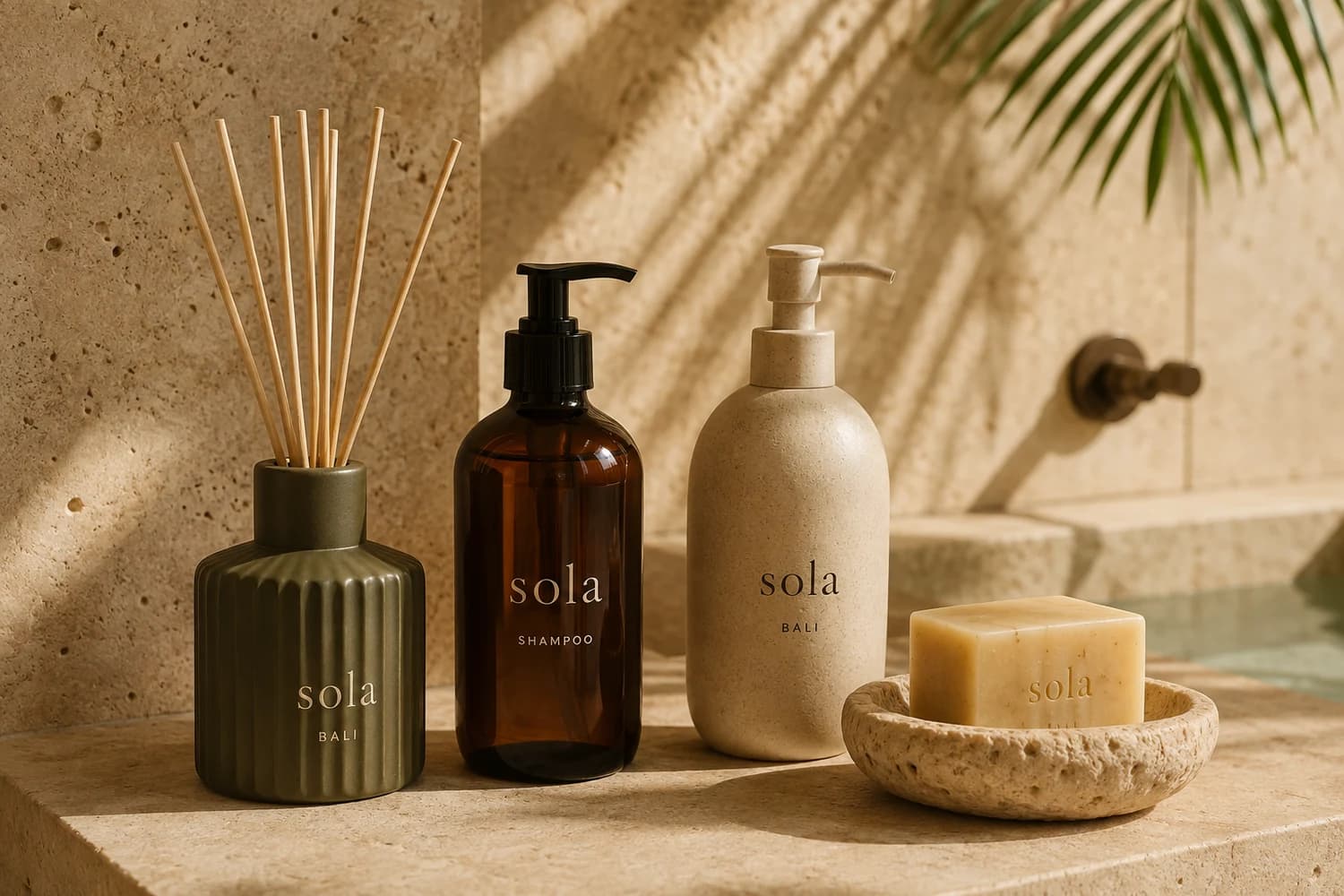 Sola villa brand concept: reed diffuser, shampoo, ceramic soap dispenser and handmade soap
